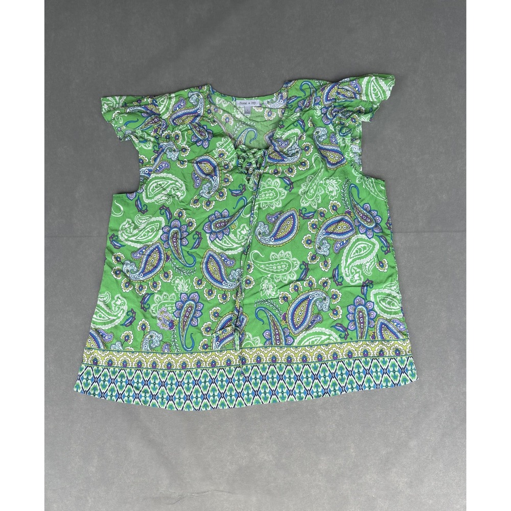 Floral & Ivy Green Paisley Lace Up Ruffle Cap Sleeve Blouse Top Large T927T28601